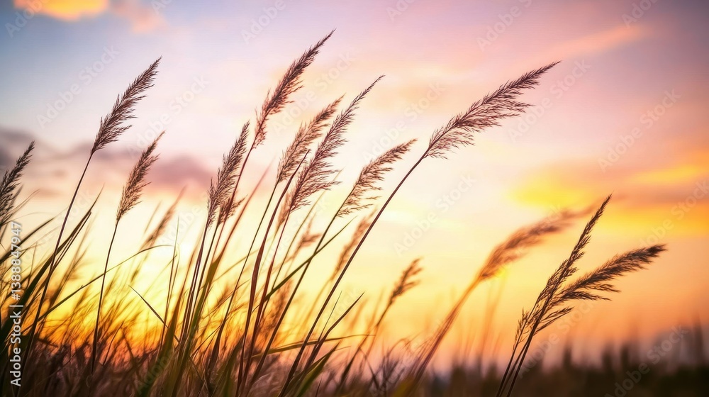 Tall grass sways gently against a colorful sunset sky, creating a serene and tranquil natural scene. Tall grass sways gently against a colorful sunset sky, creating a serene and tranquil natural scene.
