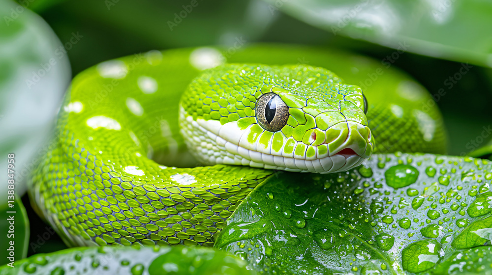 Fototapeta premium Emerald Serpent Coiled on Dew Kissed Foliage Reptilian Majesty in Verdant Greens and Glimmering Droplets