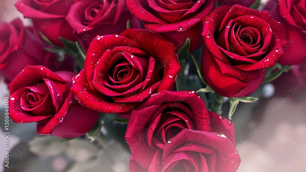Arrangement of Red Roses with Water Droplets