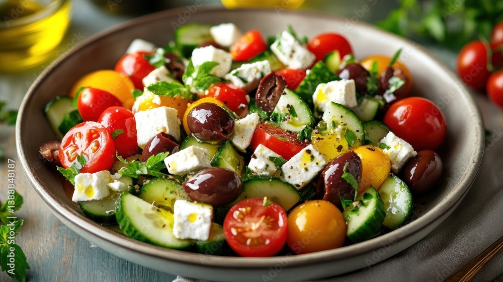 Delicious Greek Salad with Tomatoes, Cucumbers and Feta Cheese in Bowl Delicious Greek Salad with Tomatoes, Cucumbers and Feta Cheese in Bowl
