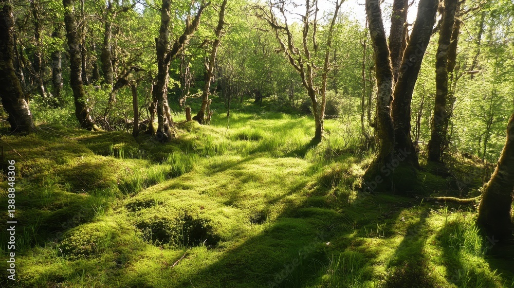 Naklejka premium Serene forest scene with sunlight filtering through trees, casting shadows on lush green grass.