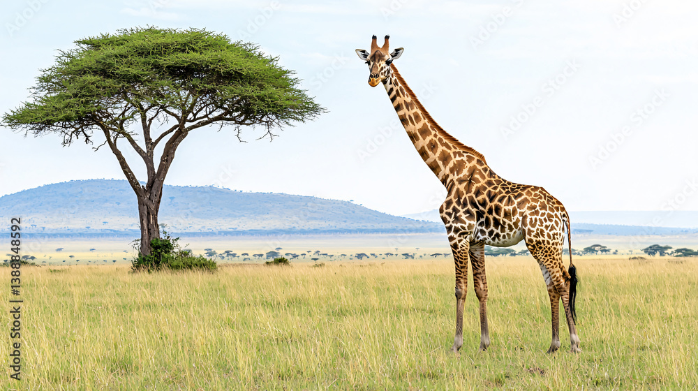 Obraz premium Giraffe Standing Tall Next to an Acacia Tree in the African Savanna Landscape of Serengeti Plains