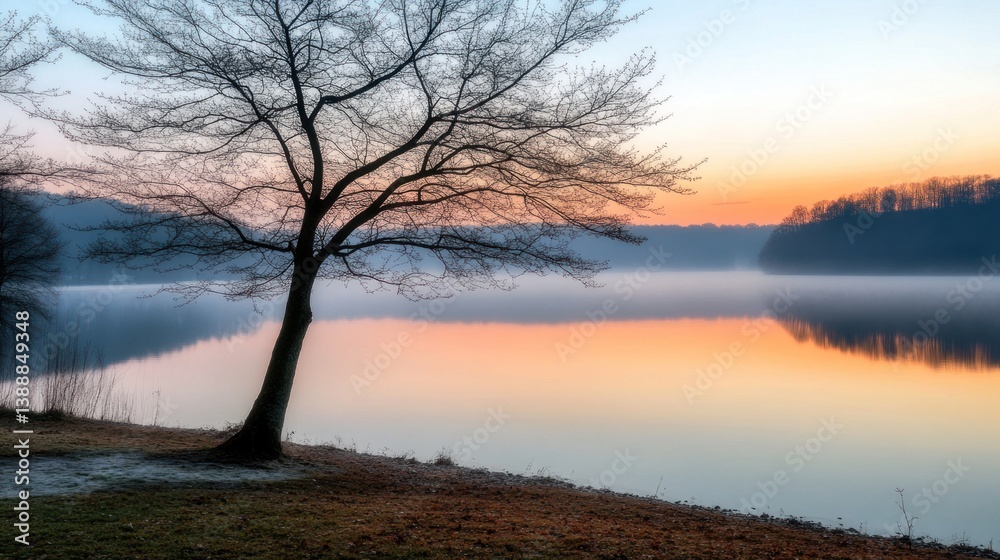 Beautiful sunrise over a serene lake with a leafless tree Beautiful sunrise over a serene lake with a leafless tree