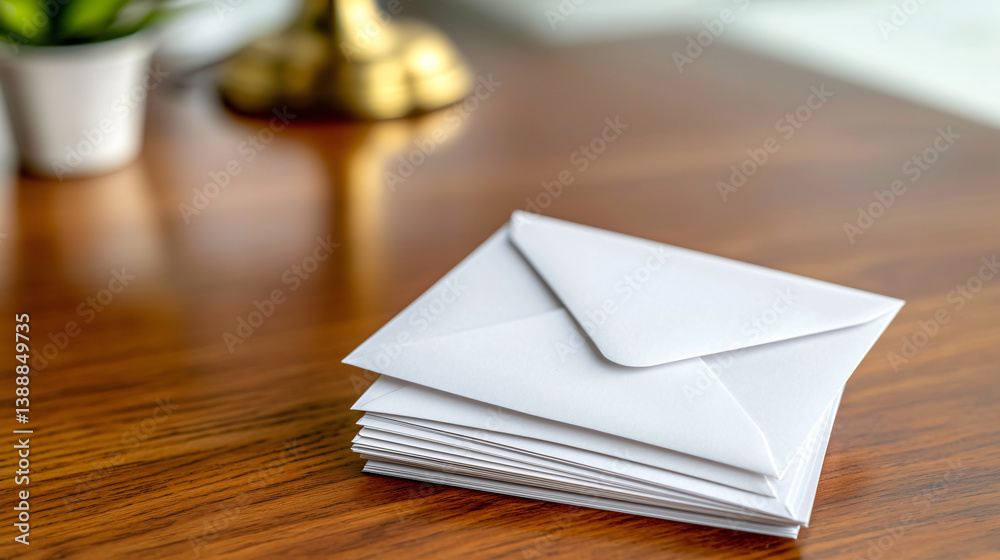 Naklejka premium Neat Stack of White Envelopes on a Wooden Desk Surface Ready to be Posted for Communication Tasks