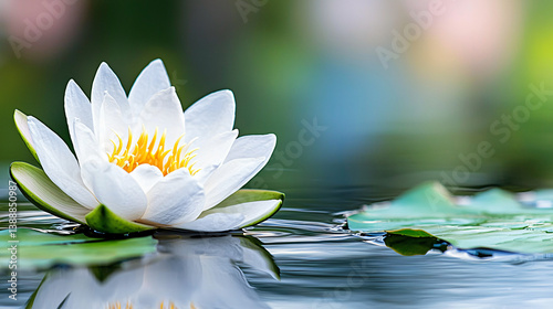Serene Water Lily Bloom Reflecting on Tranquil Pond Surface Depicting Purity and Rebirth Symbolism