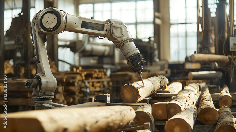 A mechanical arm in an advanced wood processing plant, surrounded by logs, cutting tools A mechanical arm in an advanced wood processing plant, surrounded by logs, cutting tools