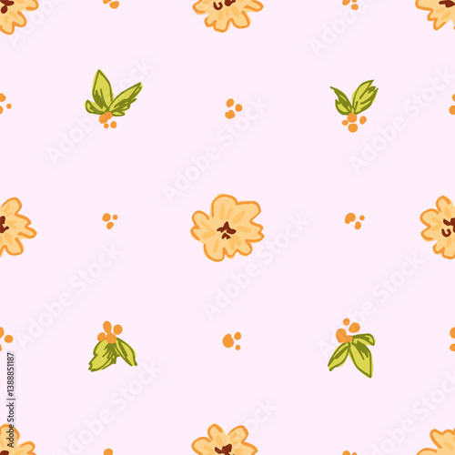 Simple floral vector seamless pattern. Orange flowers on light pink background. For fabric prints, textile products, linen clothes, bed linen.