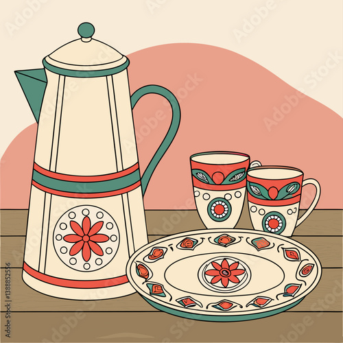 a coffee pot, cup and saucer are on a table