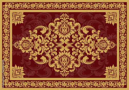 Rich damask design featuring gold floral ornaments on a burgundy background. Ideal for luxury textiles, wallpapers, and elegant classic-themed decor.