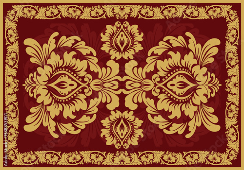 Luxurious damask pattern with gold floral elements on a deep red background, ideal for classic wallpapers, fabrics, and elegant decorative projects.