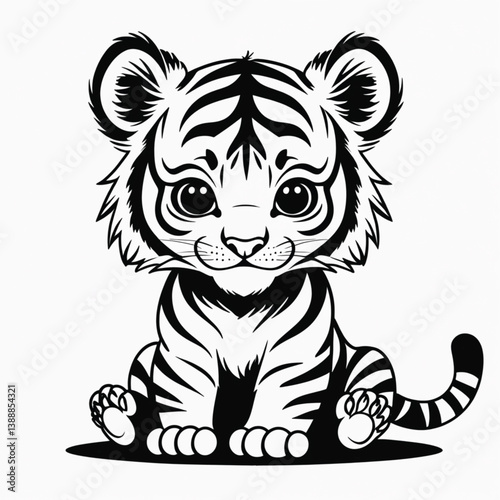 Cute cartoon tigers, three adorable tiger cubs with bright orange fur, big eyes, and playful expressions, sitting on a white background, isolated on transparent background, png. AI generated