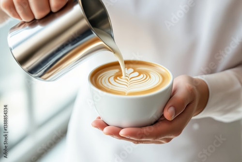 Barista pouring steamed milk into a cup of coffee, creating a beautiful latte art pattern.