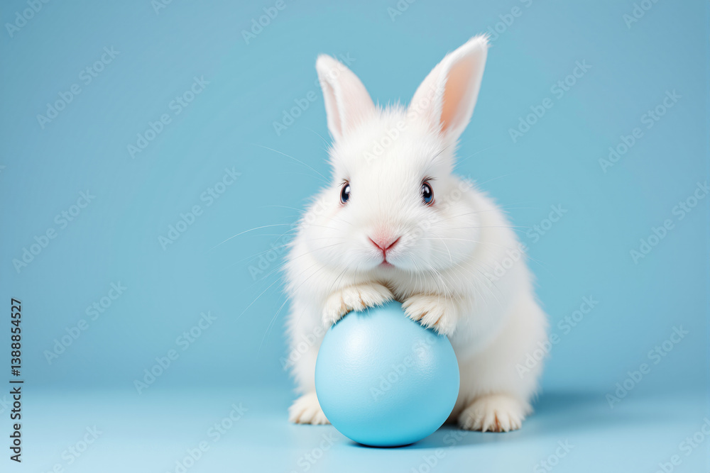 Adorable white bunny with blue eyes resting paws on a pastel blue ball.