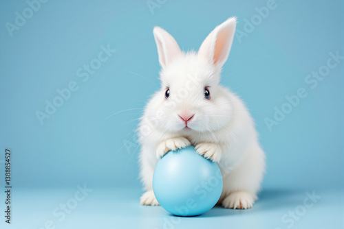 Obraz na płótnie Adorable white bunny with blue eyes resting paws on a pastel blue ball. w salonie