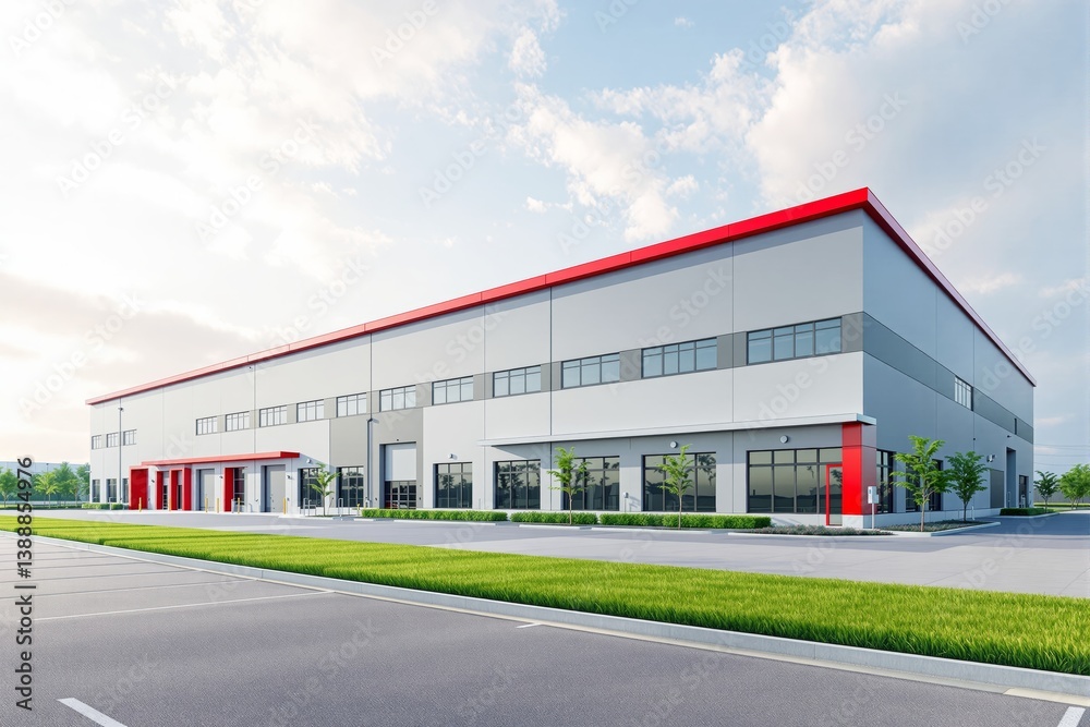 Modern industrial warehouse with red accents under bright sky.