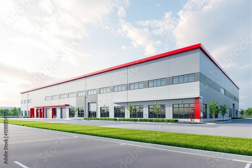 Obraz na płótnie Modern industrial warehouse with red accents under bright sky. w salonie