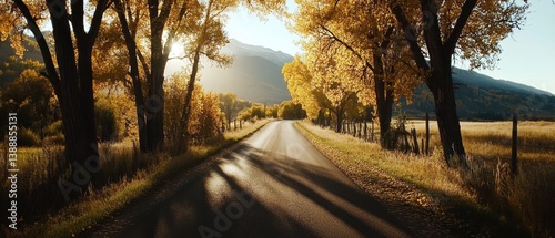A peaceful road flanked by trees, leading towards mountains, illuminated by warm sunlight, evoking tranquility and nature's beauty.