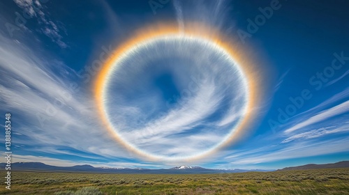 Halo sky, mountain range, vibrant sunset, atmospheric optical phenomenon, nature background
