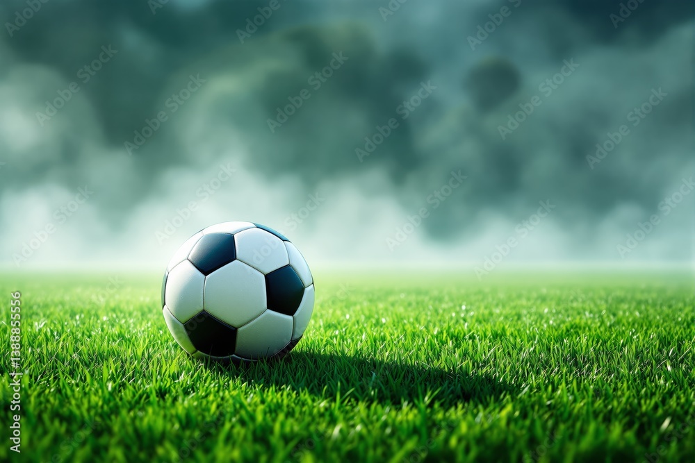 Fototapeta premium Soccer ball on green grass field under dramatic cloudy sky.