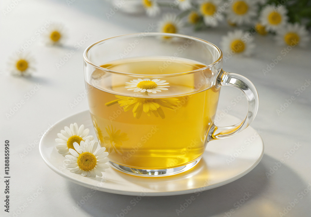 healing chamomile tea in a transparent cup . Generative AI healing chamomile tea in a transparent cup . Generative AI