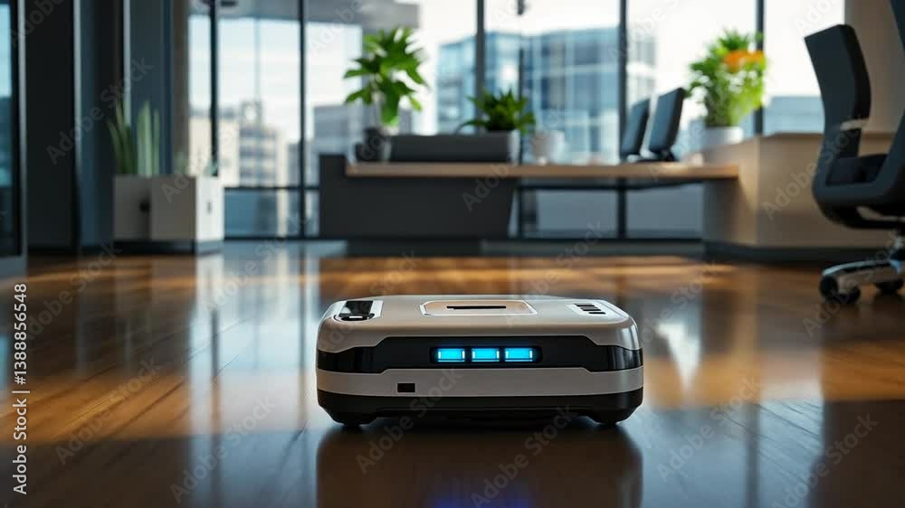 Automated cleaning robot in modern office, hardwood floor, innovative technology for cleaning Automated cleaning robot in modern office, hardwood floor, innovative technology for cleaning