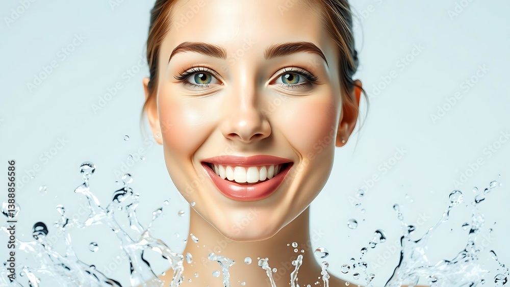 Happy woman model with water splashes
