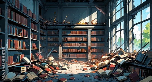 A ruined library with scattered burned books and collapsed shelves in an abandoned building anime cartoon style illustration artwork design background