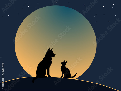 cat and dog looking at the moon