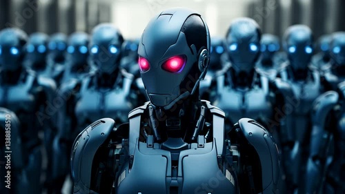 The humanoid robot leader is walking prominently in the foreground and glowing blue eyes turn to glowing red. surrounded by a on blurred background of humanoid robot. close-up shot