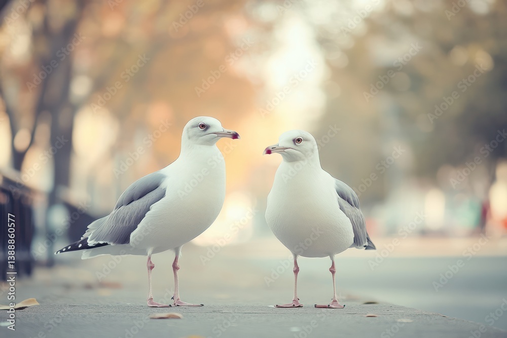 Two seagulls facing each other on city sidewalk at sunset Two seagulls facing each other on city sidewalk at sunset