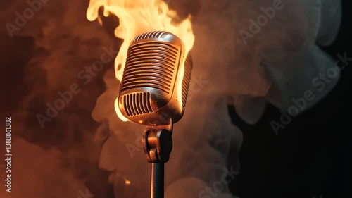 Retro microphone on fire in a concert stage setting