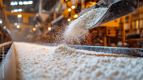 Factory conveyor belt filling with white granular material. Bright, industrial setting