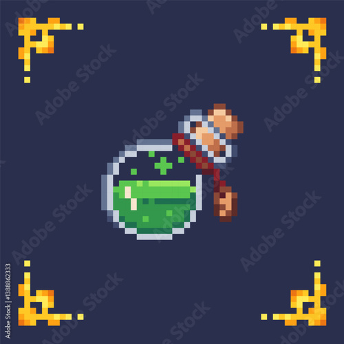 pixel art isolated icon green healing potion with gold frame for 2d rpg retro game