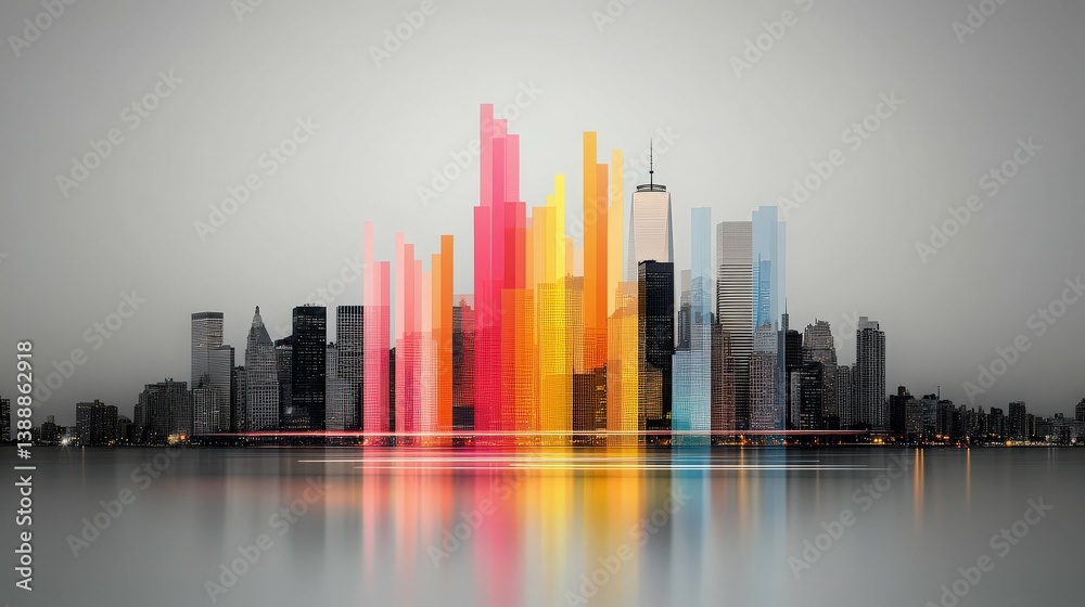 Fototapeta premium Cityscape Symphony: A vibrant cityscape bursts with color, symbolizing innovation, growth, and the dynamic energy of urban life with reflections.