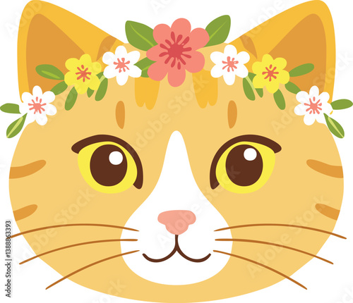 Vector Illustration of Cheerful Orange Tabby Cat with Floral Crown, Perfect for Children’s Book Art