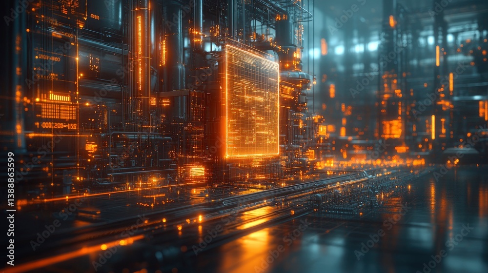 Futuristic digital factory with automated processes visualization Futuristic digital factory with automated processes visualization