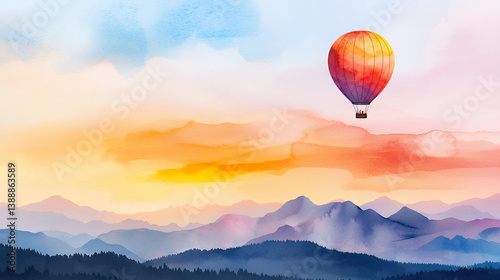 vibrant hot air balloon floats above majestic mountains during stunning sunset, creating serene and picturesque landscape