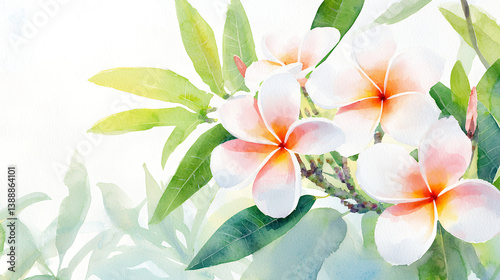 Beautiful watercolor painting of plumeria flowers with soft pastel colors and lush green leaves, evoking serene and tranquil atmosphere