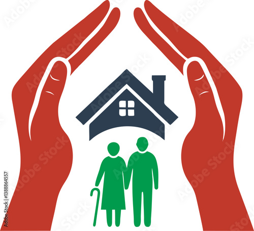 Vector illustration showing two elderly people under a house roof, shielded by protective hands. Represents elderly care, home security, protection, and healthcare services for seniors