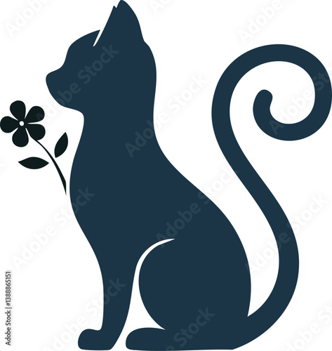 Vector Stylized Sitting Cat Illustration with Negative Space and Small Clover Flower in Minimalist Style
