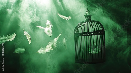 A caged bird with feathers floating in a misty green ambiance