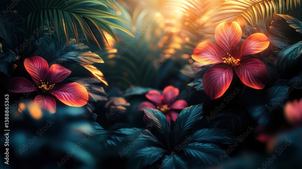 Fototapeta premium Digital jungle with geometric plants and glowing elements