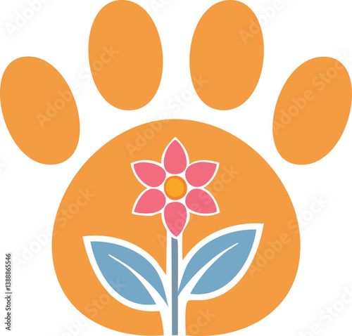 Vector Cute Animal Paw Print with Cheerful Colors and Botanical Elements for Veterinary Logo