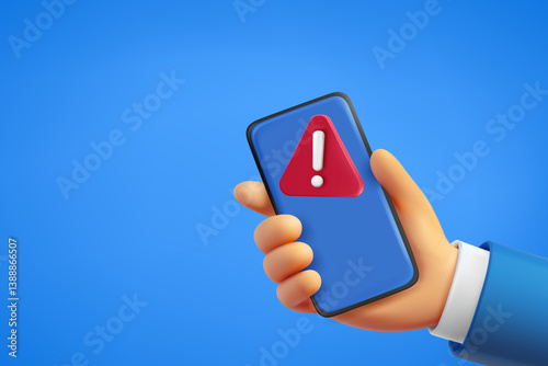 Man holding smartphone with attention sign. 3d vector banner with copy space