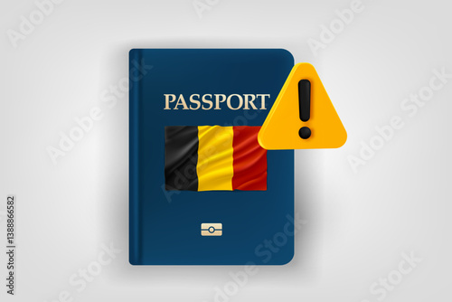 Passport with flag of Belgium and exclamaion sign. Low energy concept. Vector 3d illustration