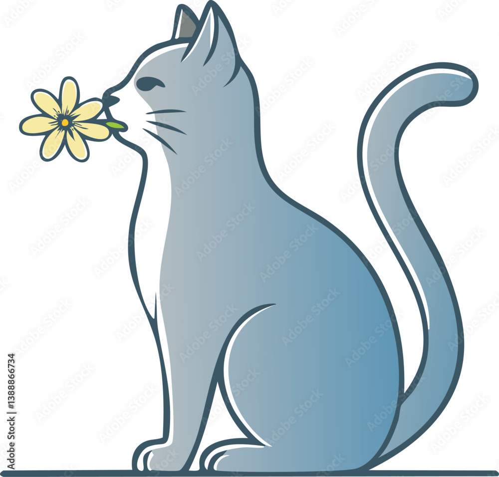 Naklejka premium Vector Minimalist Cartoon Cat in Blue-Gray Sniffing Yellow Flower with Playful Children's Book Art Style