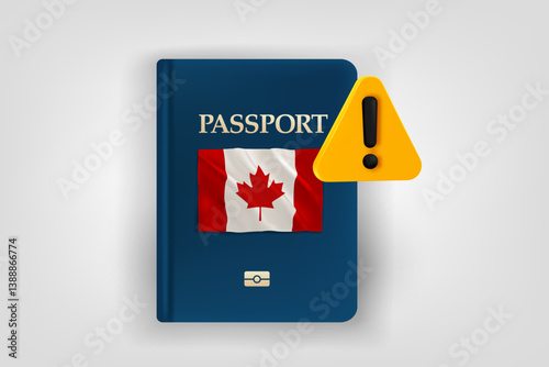 Passport with flag of Canada and exclamaion sign. Low energy concept. Vector 3d illustration