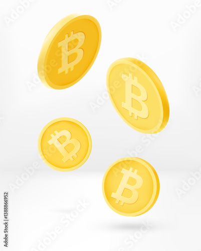 Golden bitcoins falling down. 3d vector concept