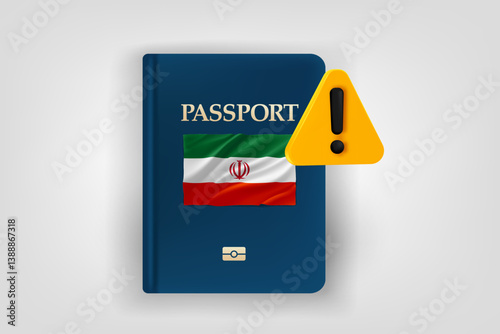 Passport with flag of Iran and exclamaion sign. Low energy concept. Vector 3d illustration