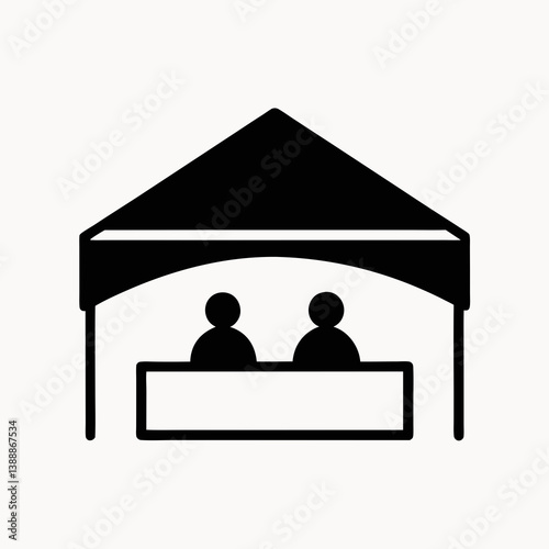 Sales Booth With Two People Minimalist Vector Icon Black And White Image